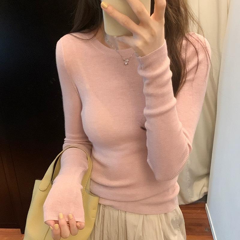 Mint Green Knitted Bottoming Shirt Early Spring New Slim-fitting Thin Slightly Transparent Sweet and Spicy Long-sleeved Women's Top