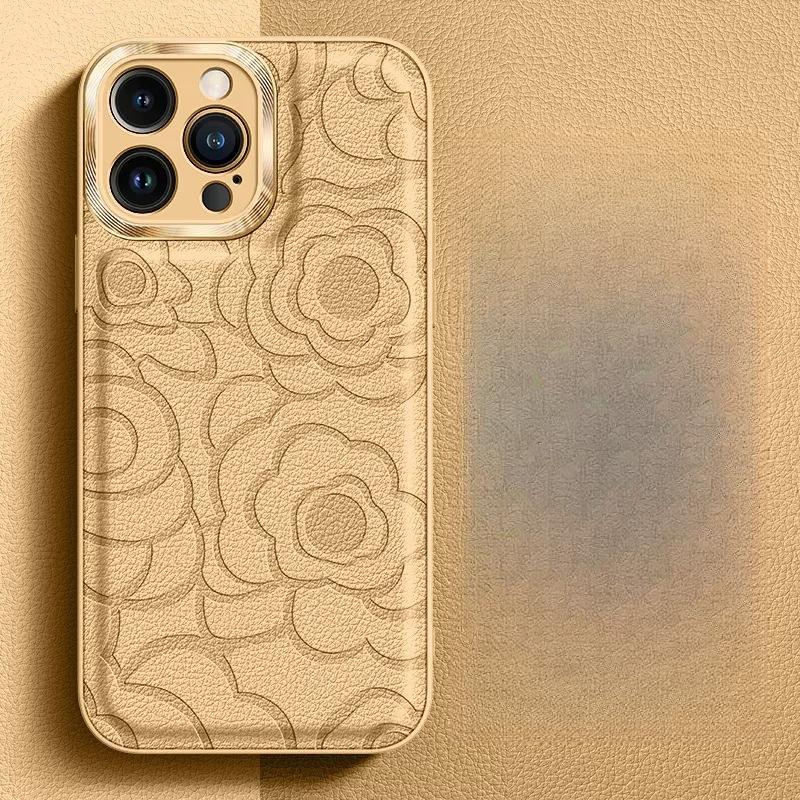 

Подходит для чехла для мобильного телефона Apple 16proMax с кожаным узором камелии, защитный чехол для iPhone 15 с металлическим объективом и защитой от падений 14 iphoneXsmax хаки