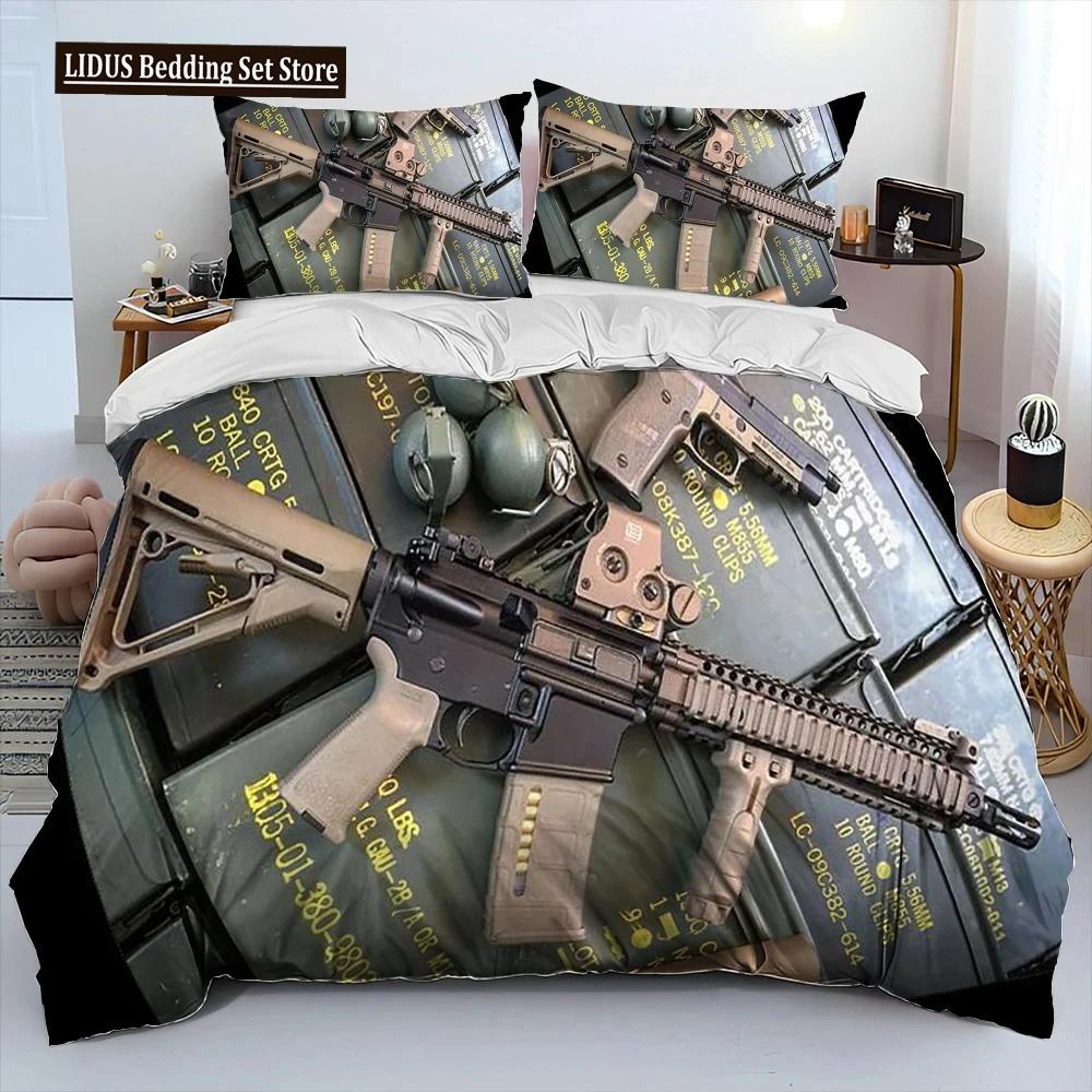 3D Gevär Revolver Patron Vapen Täckset Sängkläder, Påslakan Sängset Quiltöverdrag Örngott, King Queen Storlek Sängklädesset
