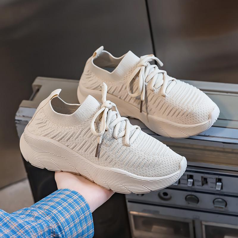 Sneakers women's summer new thick-soled solid-color couples fly-woven one-pedal socks shoes women's tide