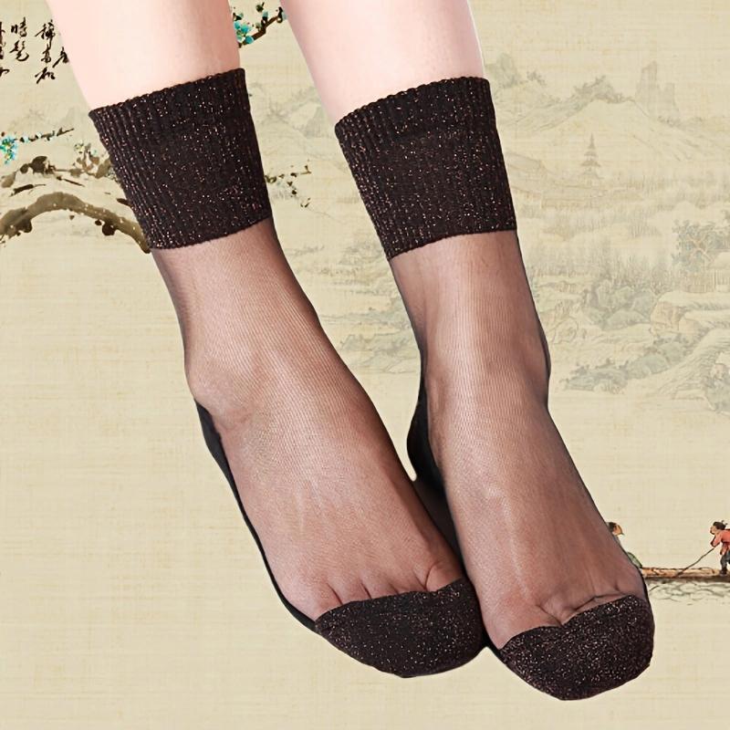 1 Pair Brown Shiny Detail Socks,Colorblock Sheer Mesh Mid Tube Socks, Women'S Stockings & Hosier