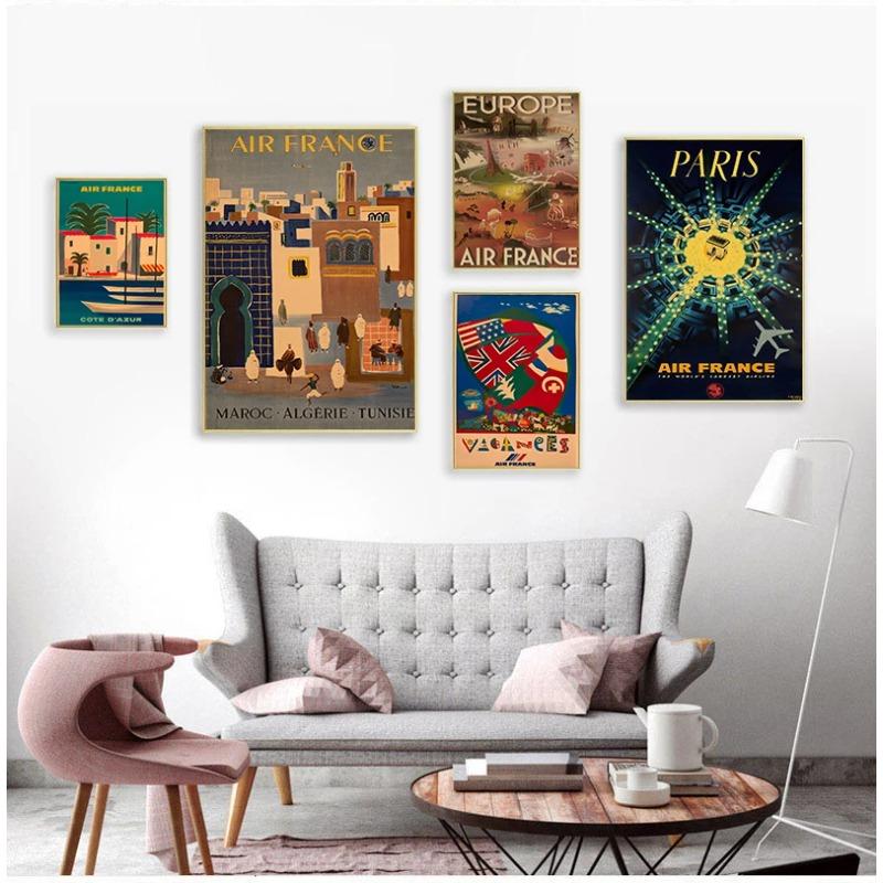 Travel To Europe Japan by Air France Canvas Painting Vintage Wall Pictures Kraft Poster Coated Wall Sticker Home Decoration Gift