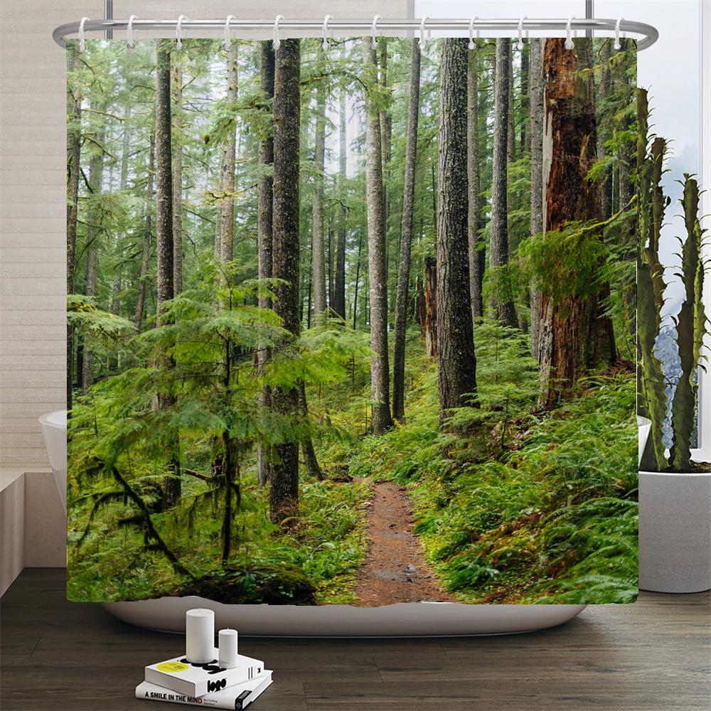 Natural Scenery Shower Curtain Set Forest Waterfall Spring Landscape Home Bathtub Decor Waterproof Polyester Bathroom Curtains