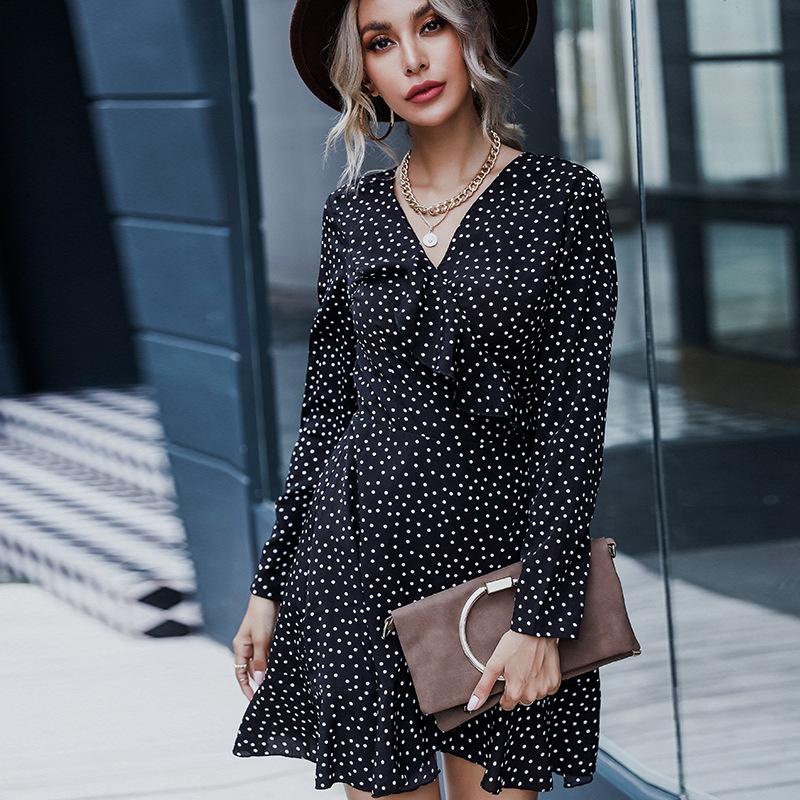 

GMXIA Женская мода лето весна горошек принт длинный рукав V-образный вырез повседневные платья XL чёрный