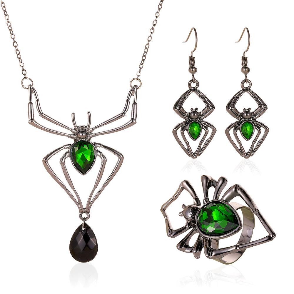 Halloween Vintage Smaragd Spinnen Schmuckset: Halskette, Ohrringe & Ring