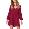Fashion Women Long Sleeve V-Neck Draped Flowy Swing Dress