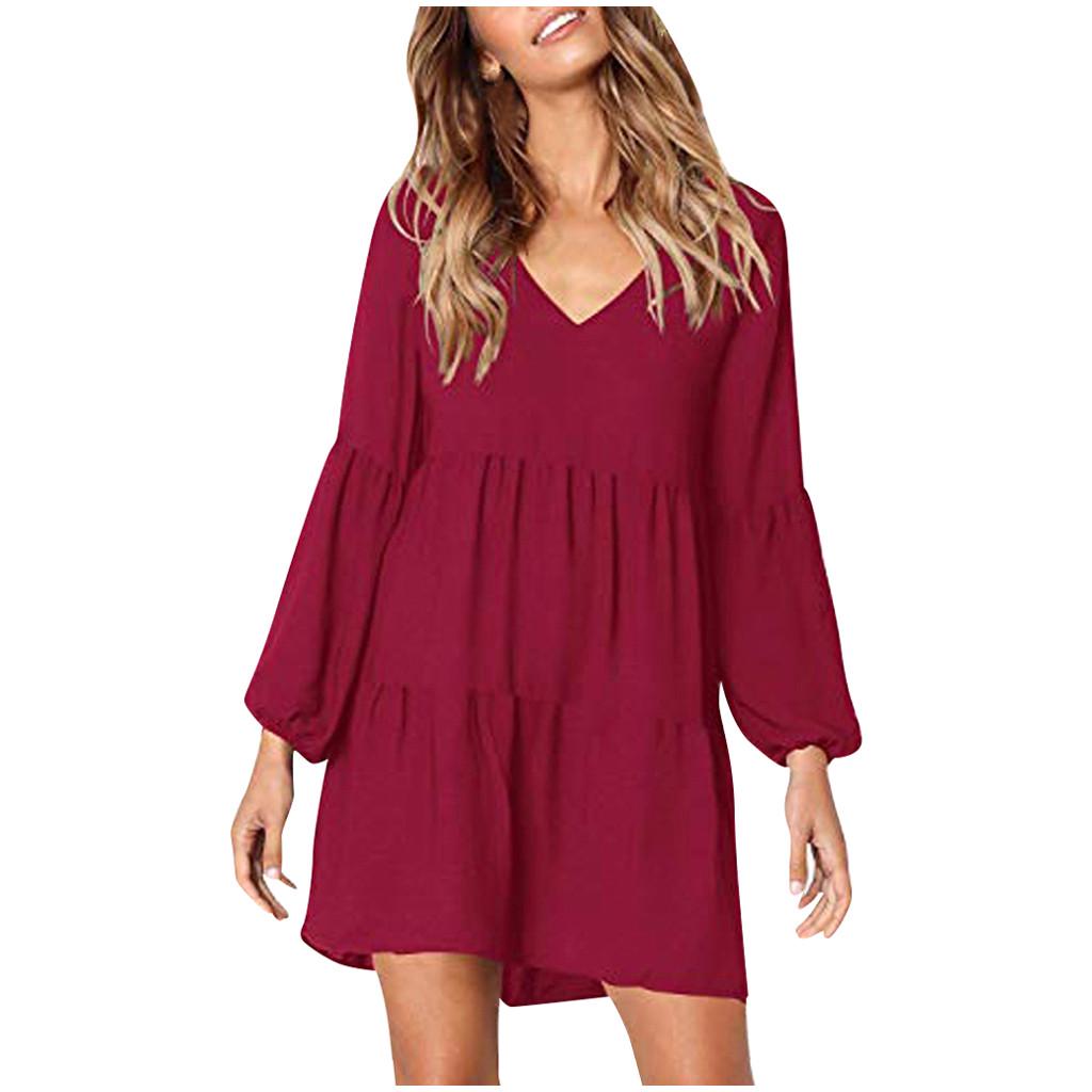 Fashion Women Long Sleeve V-Neck Draped Flowy Swing Dress