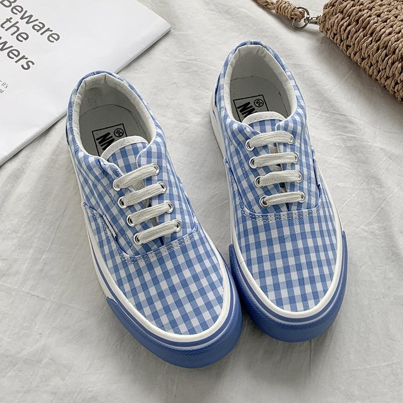 

Весенние новые кеды из цветной клетчатой парусины с низким верхом, женская обувь, корейская версия, розовые, для взрослых, на шнуровке, на плоской подошве, шнуровка спереди, студенческая обувь 35 синий