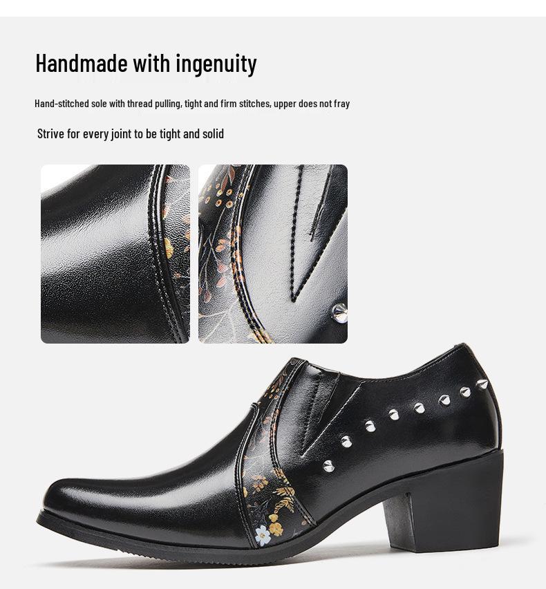 Men's Large Size Pointed Toe Leather High Heel Shoes - European American Fashion Rivet Cuban Style for Business and Casual Wear