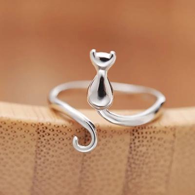 Bayan Gümüş Kedi Yüzük, Açılabilir ve Boyutu Ayarlanabilir, Sade ve Moda Yüzük, Çok Yönlü Aksesuar Takı.