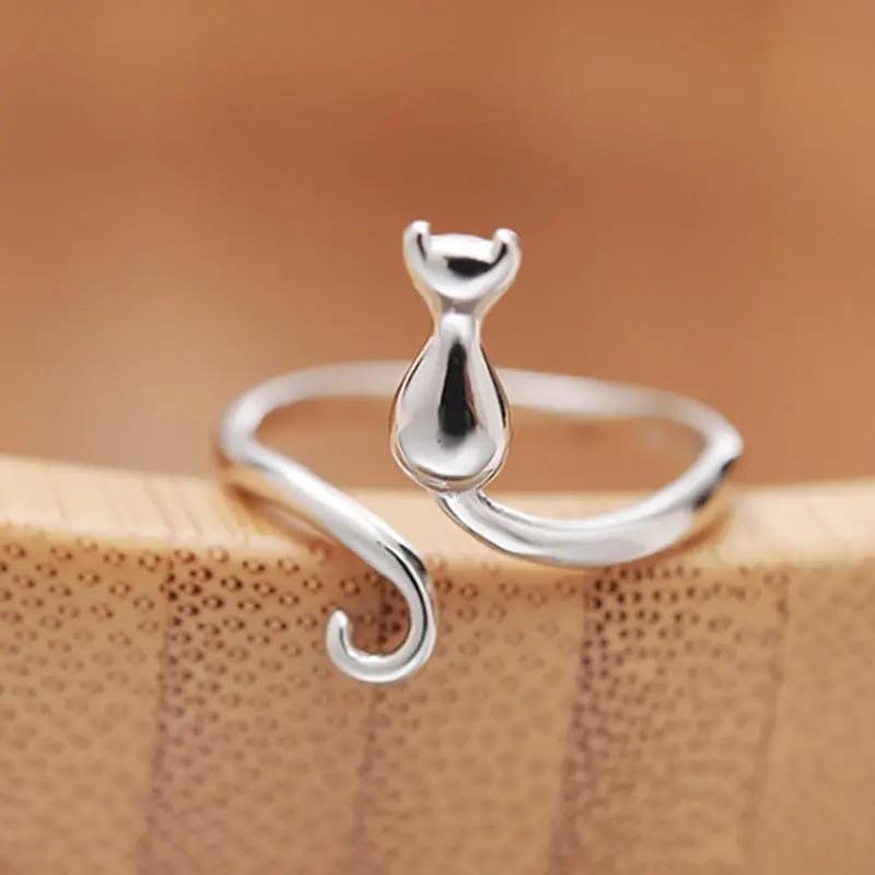Ladies' Silver Cat Ring, Can Be Opened And Adjusted In Size, Simple And Fashionable Ring, Versatile Accessory Jewelry.