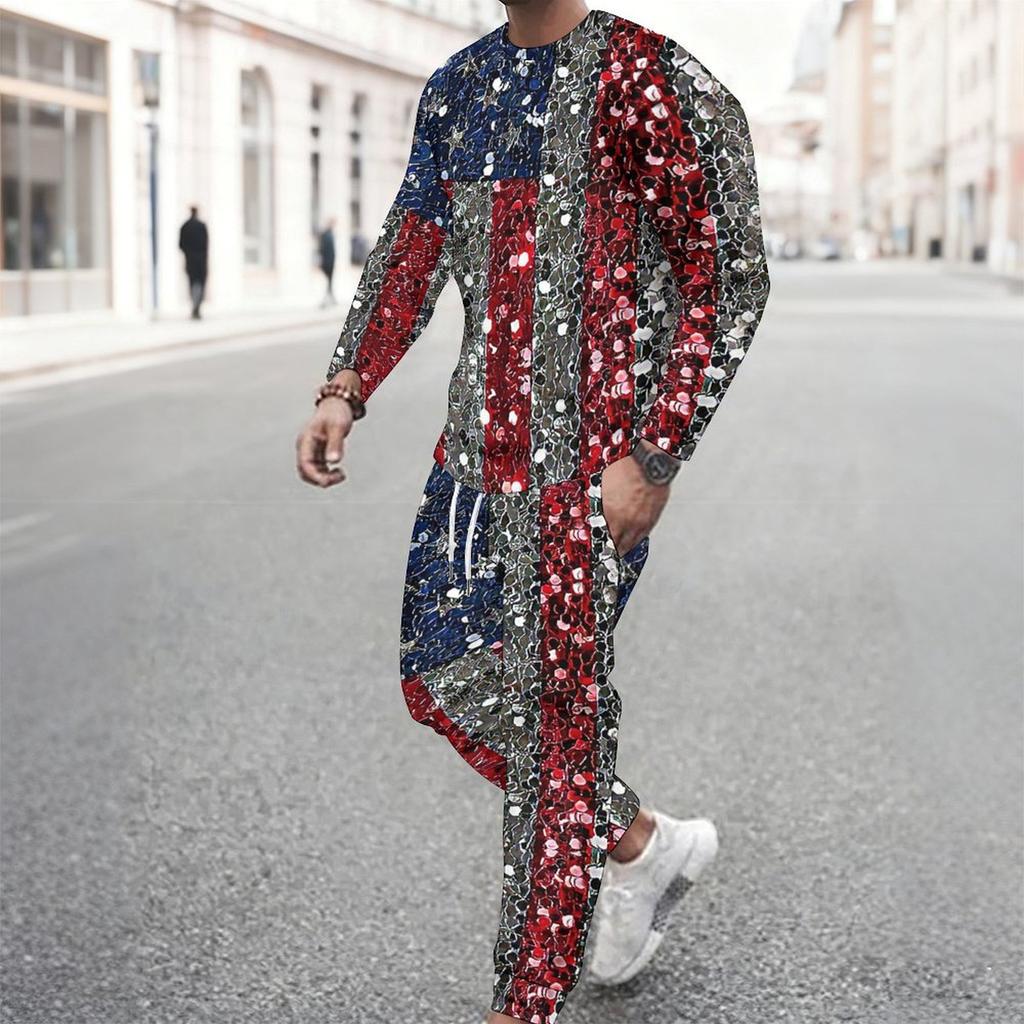 Men Sunflower American Flag Tie Dye Print Long Sleeve Sweatshirt And Drawstring Jogger Pants Two Piece Suit