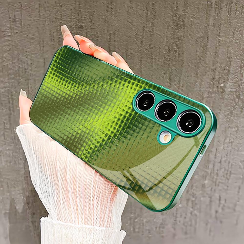 Grid-structured crystal Glass PhoneCase for Samsung Galaxy S26 S25 S24 S23 S22 S21 FE Ultra Plus Built-in glass green Exquisite
