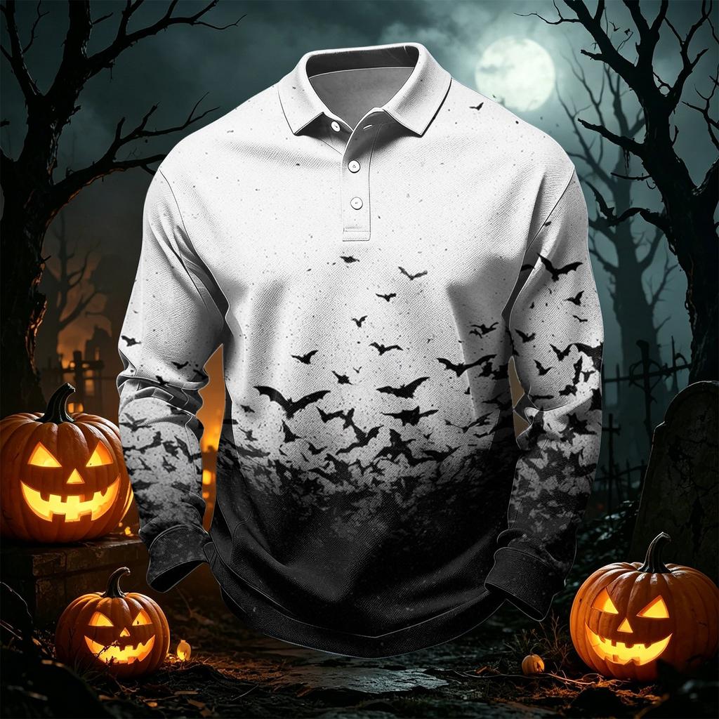 Men's Quick Dry Mesh Long Sleeve Golf Shirt with Halloween Print for Casual Wear
