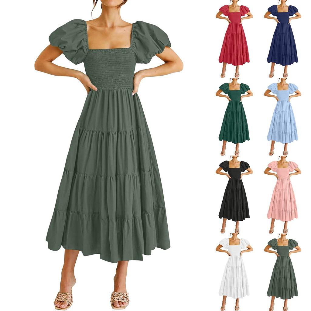 Women's Fashion Solid Colour Square Neck Backless Bubble Sleeve Pleated Short Sleeve Dresses