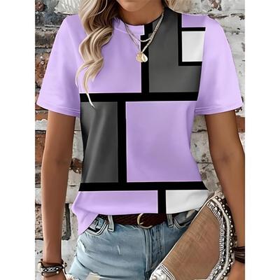 Women's T Shirt Summer Fashion Casual Tee Round Neck Short Sleeve Plaid Color Block Pink Blue Purple Print Regular Fit Daily Going Out