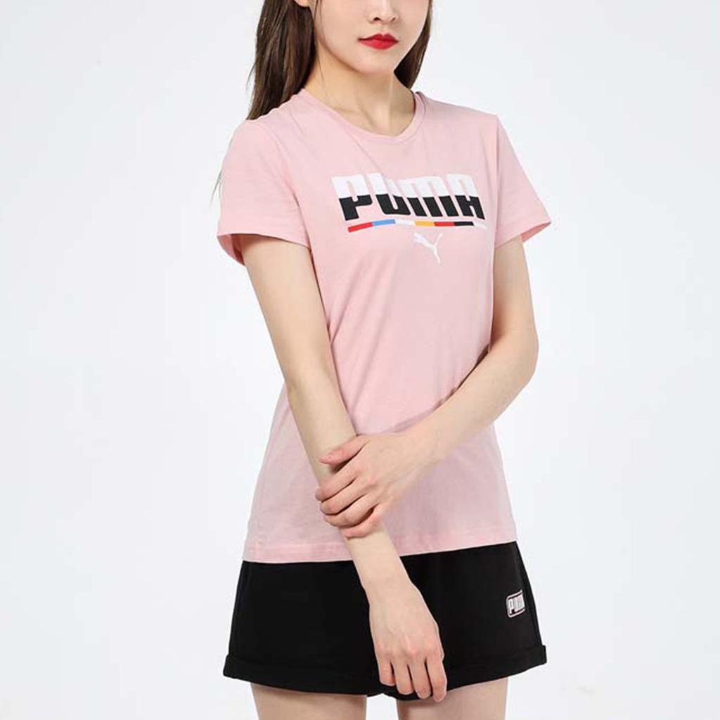 PUMA Multicoloured Tee With Letter Print Round Neck Short Sleeve T-Shirt Women Tops Pink 845603-15