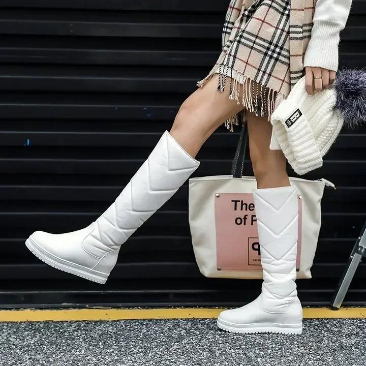 Winter Warm Plush Knee High Boots Women Comfy Flat Heel Snow Boots Slip On Platform Woman Long Boots Shoes Black Pink White 2025