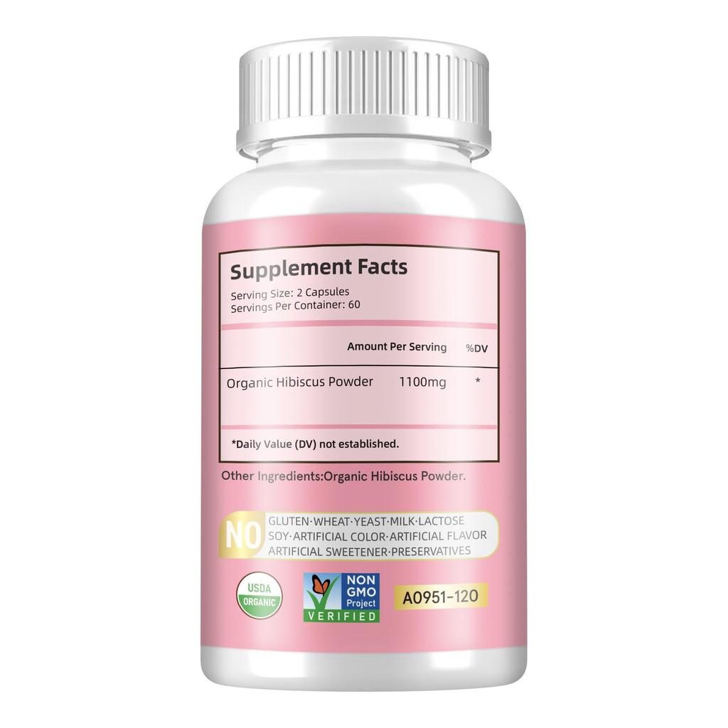 Airboy Organic Hibiscus Capsules, containing minerals, antioxidants, and supporting immune health, suitable for adults.