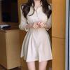 Elegant Single-Breasted Slimming Puff Sleeve Petite A- Line Dress Sweet Aesthetic Lapel Waist-Fitted Ideal