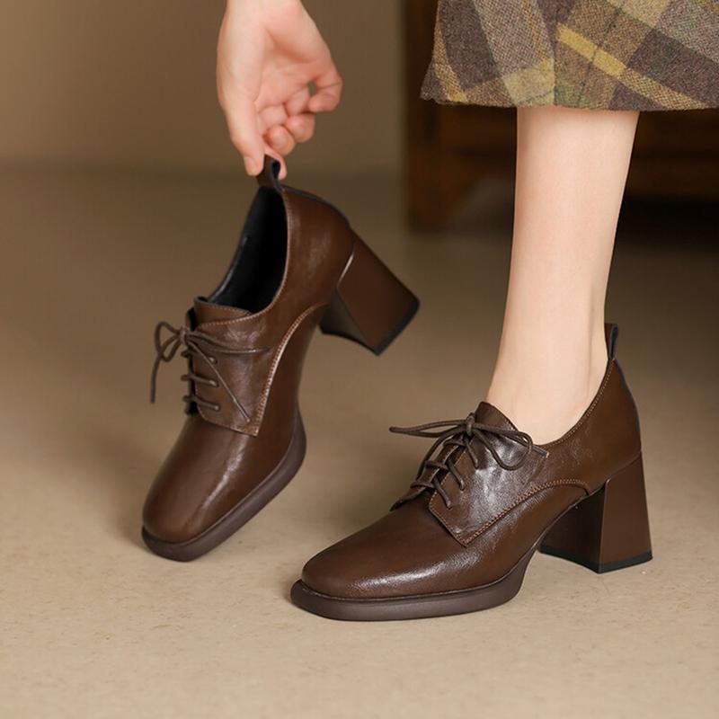 Fashion NEW Spring/Autumn Women Pumps Square Toe Chunky Heel Shoes Split Leather Shoes for Women Lace-up High Heel Handmade Female Shoes