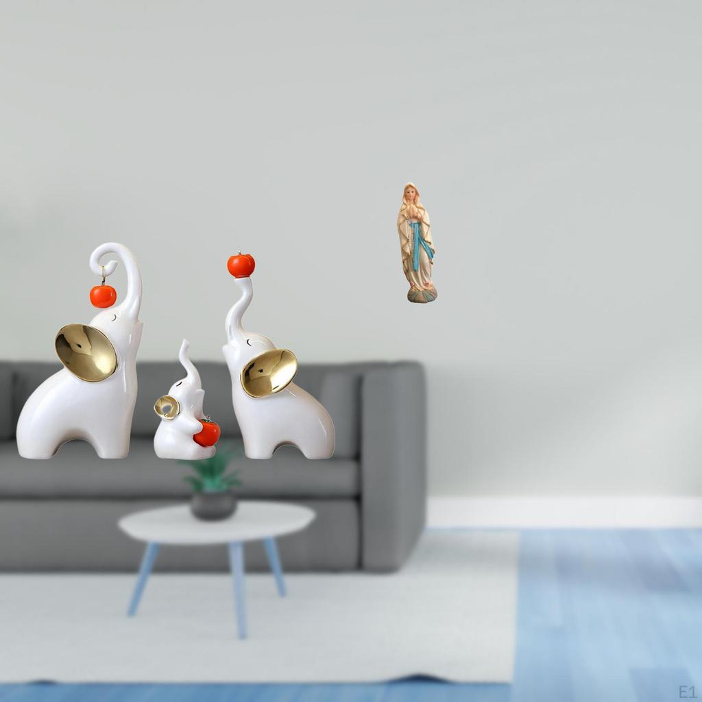 Graceful Elephant Family And Mary Lady of Figurines Elegant Animal Religious Sculptures for Home