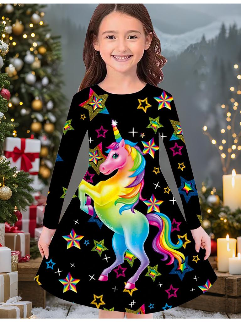 Girls' Autumn and Winter Fashion Dress, 3D Unicorn Print  Round Neck Long Children's T-shirt Dress, Casual Versatile, Christmas Clothing