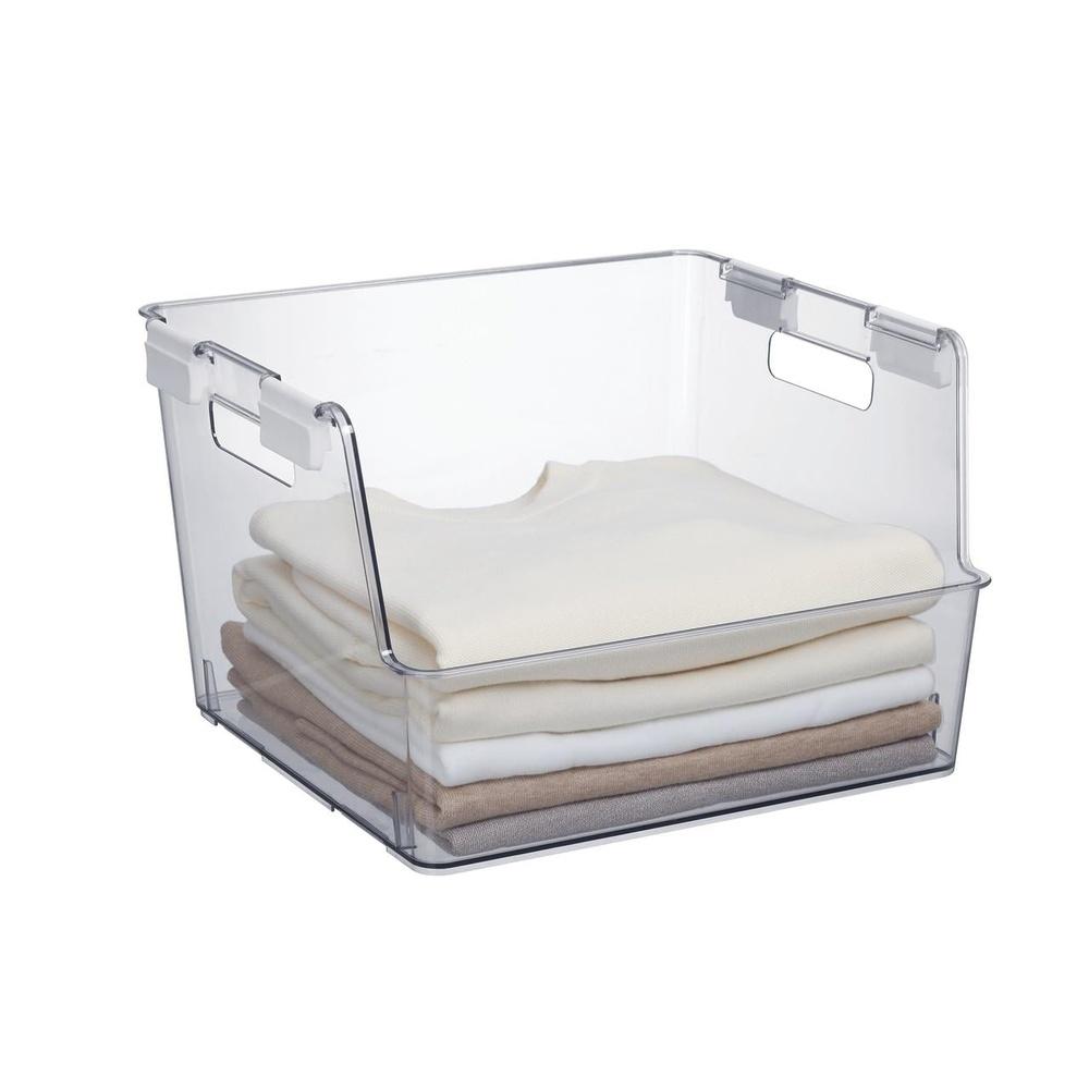 Clear Stackable Organizer Bin with Latches Durable Plastic Storage Container Closet Accessories Sweaters Toys and More
