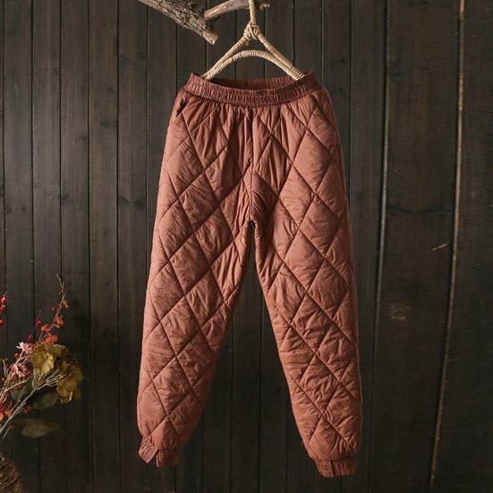 Women Winter Pants High Elastic Waist Thick Padded Solid Color Loose Soft Ankle-banded Casual Pockets Lightweight Lady Down Trousers