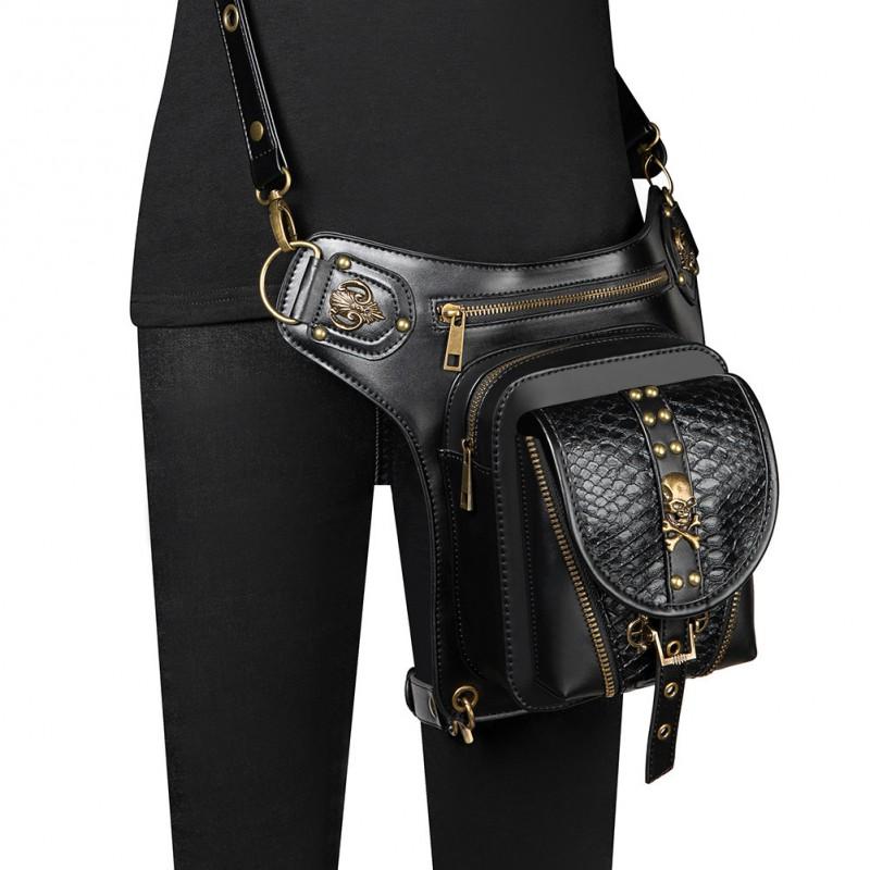 Womens Punk PU Shoulder Bag With Rivets Chain Detail Tactical Waist Pack Halloween Outdoor Riding Daily Wear