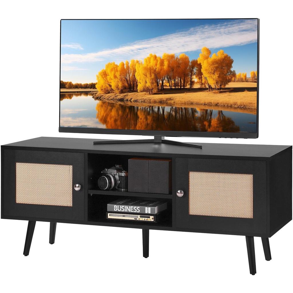 Rattan TV Stand, Boho TV Cabinet for 55 Inch TV, Mid Century Modern TV Stand, Rattan TV Console with Adjustable Shelfs for Living Room, Media Room,