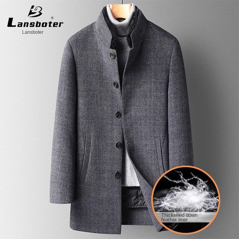 

Lansboter осень/зима норковый воротник с пуховой подкладкой двойное твидовое пальто мужское кашемировое пальто миди шерстяное пальто мужское