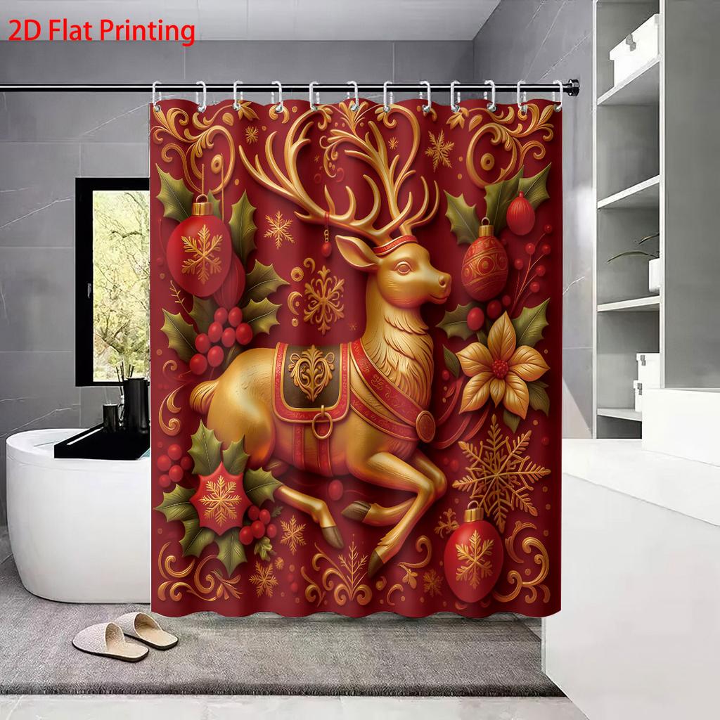 4 Stück Weihnachts-Gold-Rentier Rot Bedrucktes Badezimmer-Set 180x180 Wasserdichter Duschvorhang Bodenmatte, U-förmige Matte, Toilettensitzbezug