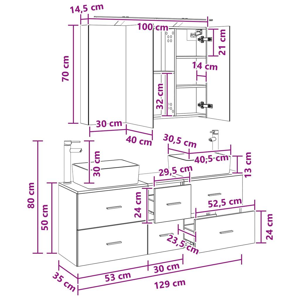 Bathroom Furniture Set 4 Pcs Concrete Grey Engineered Wood and Glass