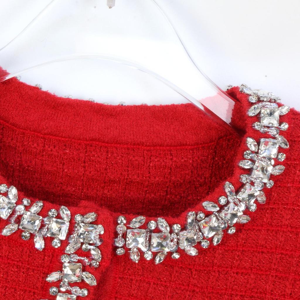 Elegant French-style Cardigan & Short Skirt Set with Red Diamond Accents