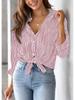 Women's Striped Long Sleeve Collared Button-Down Shirt with Pocket