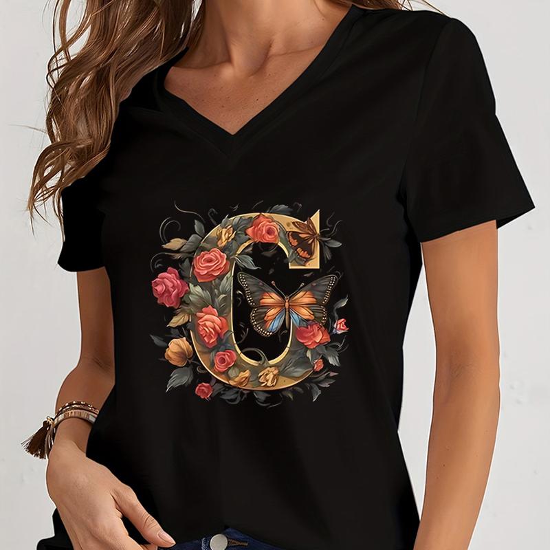 Women Tshirts AZ 26 Alphabet Flower Vintage Design Premium Tshirt Vintage Butterfly Flower 26 English Alphabet Summer Tshirt