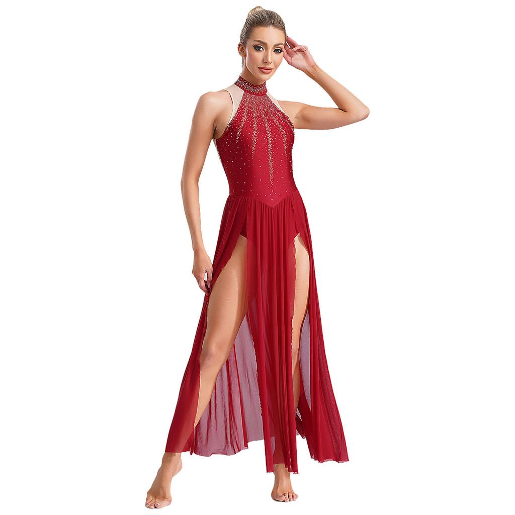 Damen Modern Lyrical Dance Dress Ärmellos Split Sheer Mesh Ballet Gymnastik Trikotkleid Zeitgenössische Performance Dancewear