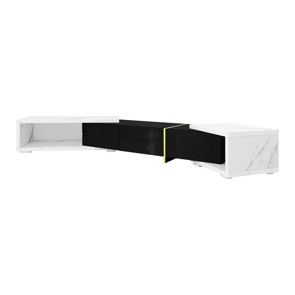 Modern TV Cabinet with Variable Length (140-260 cm), Rotating Function, White Marble Look, Black High-Gloss Matte Finish and Gold Ornaments