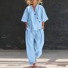 Women’s V Neck Loose Fit Short Sleeve Top and High Waist Long Pants Two Piece Set Casual Relaxed Style Outfit for Everyday Wear