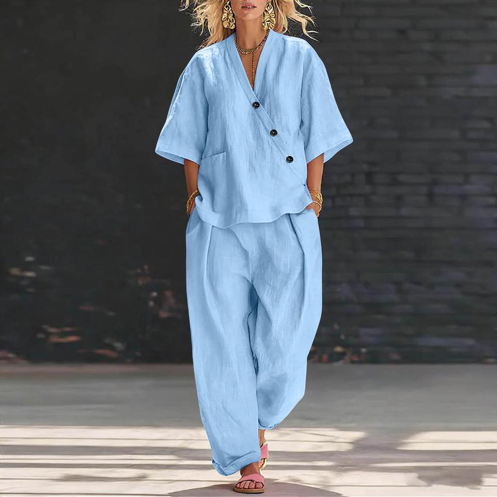 Women’s V Neck Loose Fit Short Sleeve Top and High Waist Long Pants Two Piece Set Casual Relaxed Style Outfit for Everyday Wear
