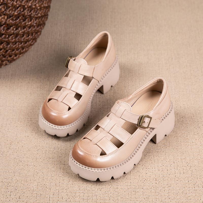 

Женские туфли из первого слоя коровьей кожи 2025 лето новые полые британский стиль ретро кожаные на платформе римские сандалии женские 40