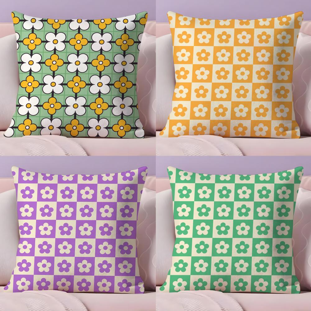 Checkered Flower Pattern Pillow Case Plush Fabric Soft Double-Sided Printed Sofa Warm Winter Home Gift Cushion Cover