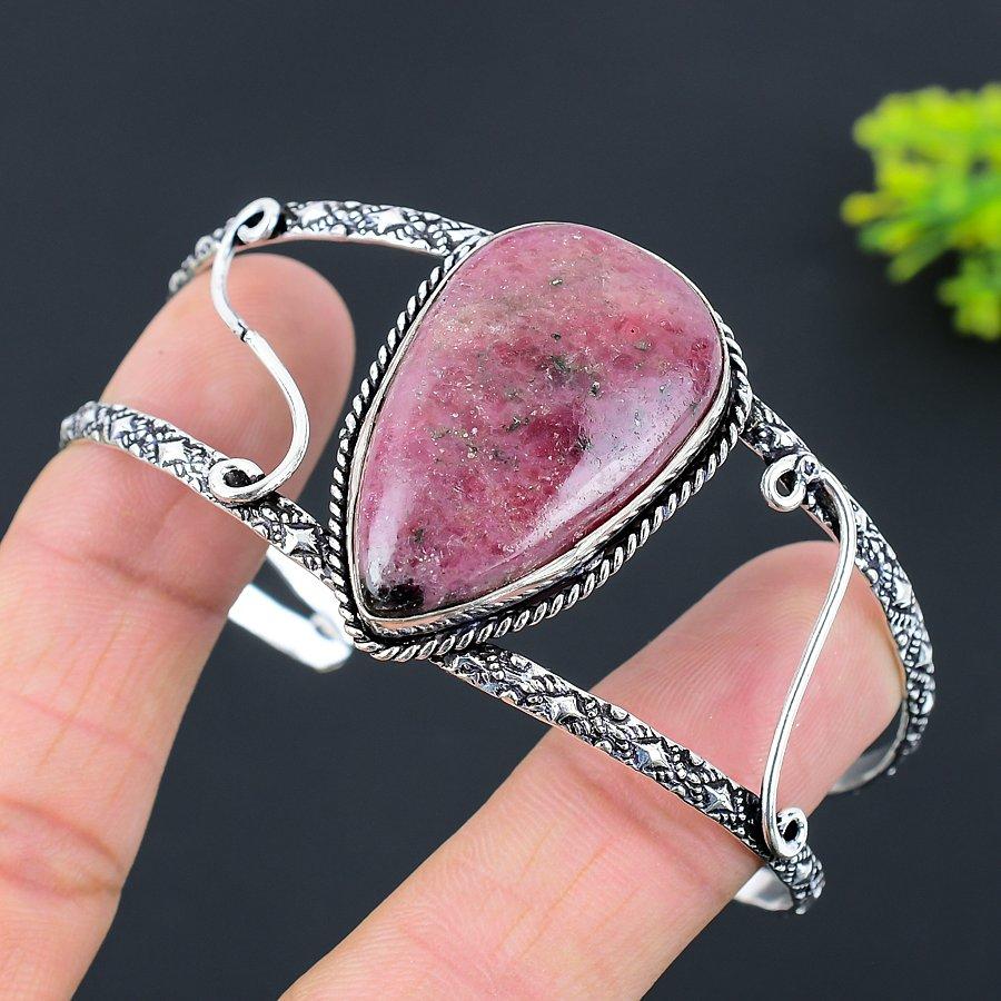 Rhodonite Gemstone Handmade 925 Sterling Silver Cuff Bangle Adjustable T9h26
