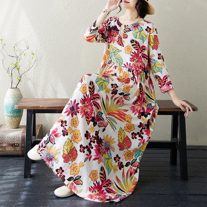 2024 Early Autumn Floral Print Retro Cotton Linen Maxi Dress