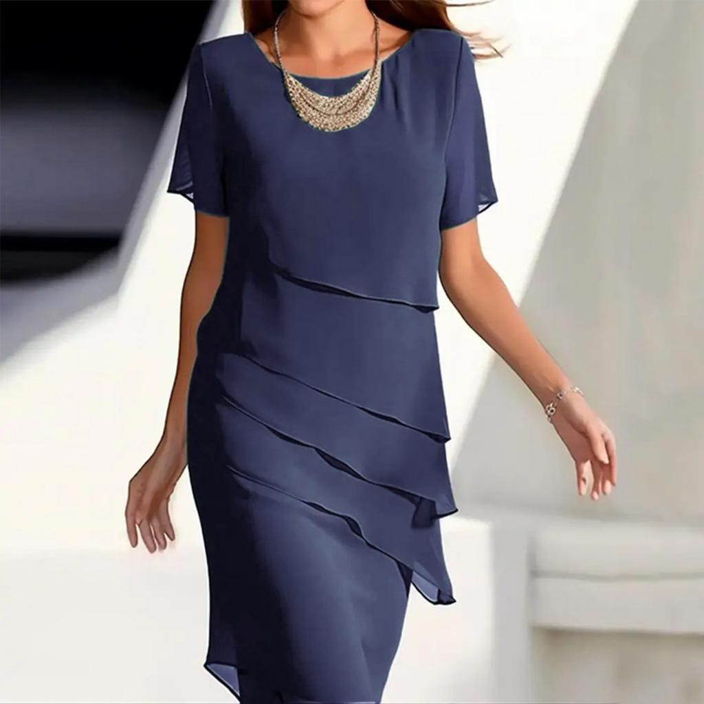 Women's Summer Dress Slim Fit Dress Solid Color Chiffon Round Neck Short Sleeved Dress