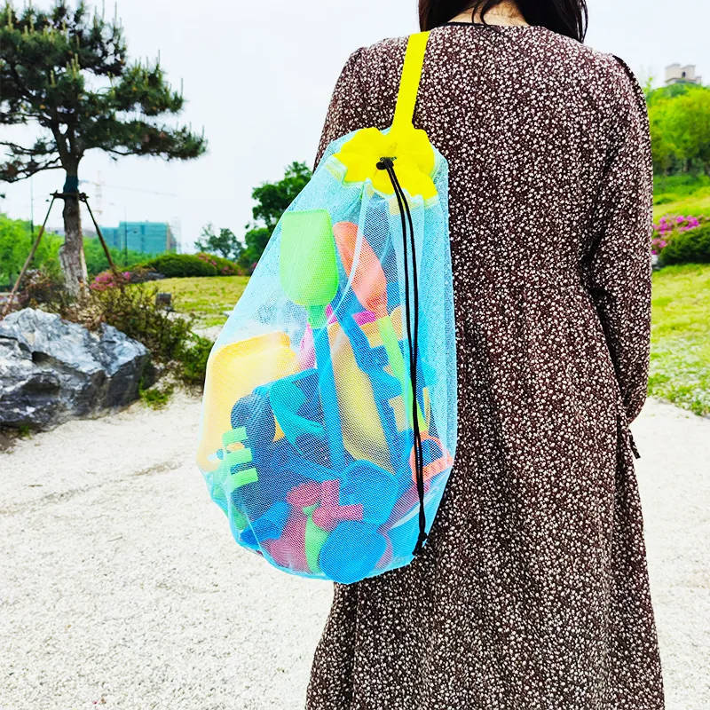Large Mesh Drawstring Beach Bag for Kids and Adults Sand Toy Storage Net Swimming Pool Organizer Tote