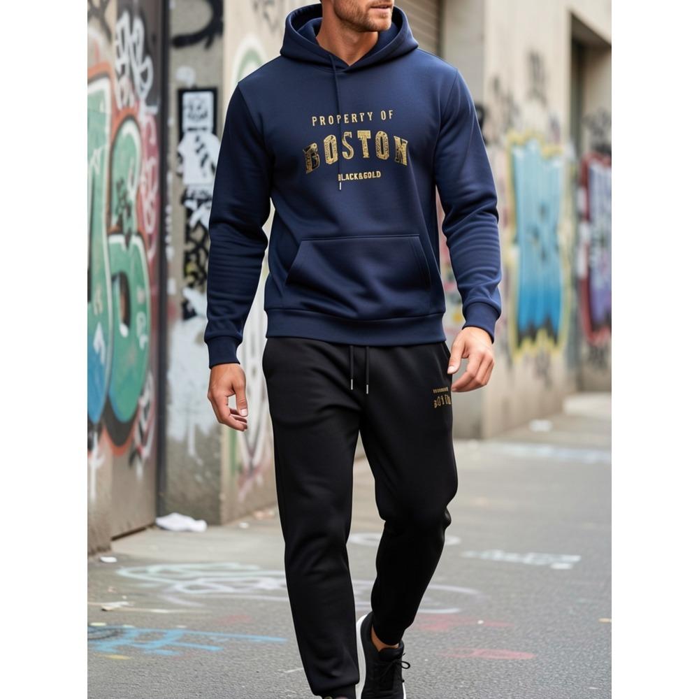 Spring and Autumn Warm Men's Hoodie Set Sports and Leisure Two Piece Set Boston Printed Hoodie and Casual Pants Combination