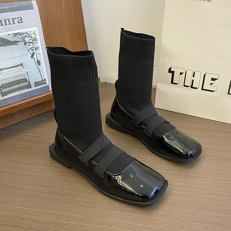 

Тонкие вязаные носки-ботинки с квадратным носком, женская обувь 2025, новые осенне-зимние носки-ботинки, лоферы, короткие ботинки с носками-ботинками 39