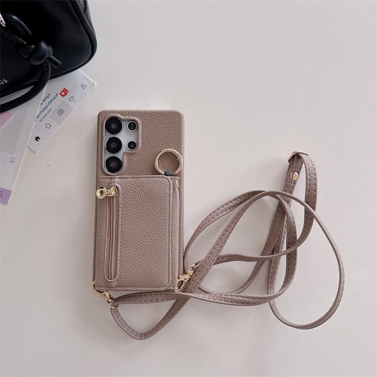 Applicable To Samsung S25Ultra Mobile Phone Case, Lychee Pattern Zipper Bag S25FE Messenger Card S24plus Protective Case